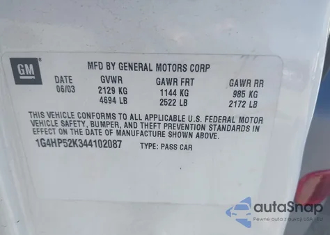 2004 Buick Lesabre Custom z USA, uszkodzony, nr VIN 1G4HP52K344102087